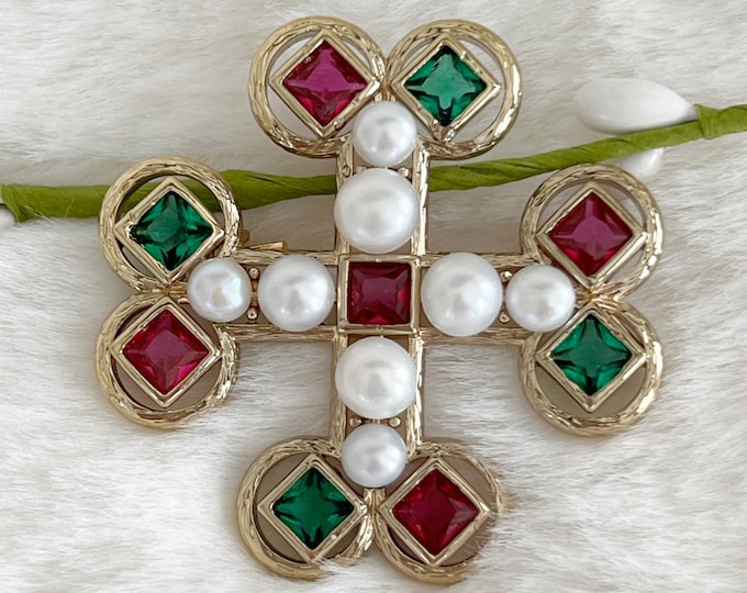 Regency Era Pearl Cross Brooch, Rubies & Emeralds Zircon Crystals, Genuine White Pearls, Religious Jewelry, Queens Cross, Pendant Hook #1750