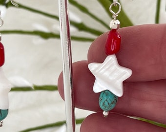 Kingman Turquoise Nugget Sterling Silver Earrings, MOP Star and Red Coral // Red, White & Blue Gems Fireworks Earrings #1728
