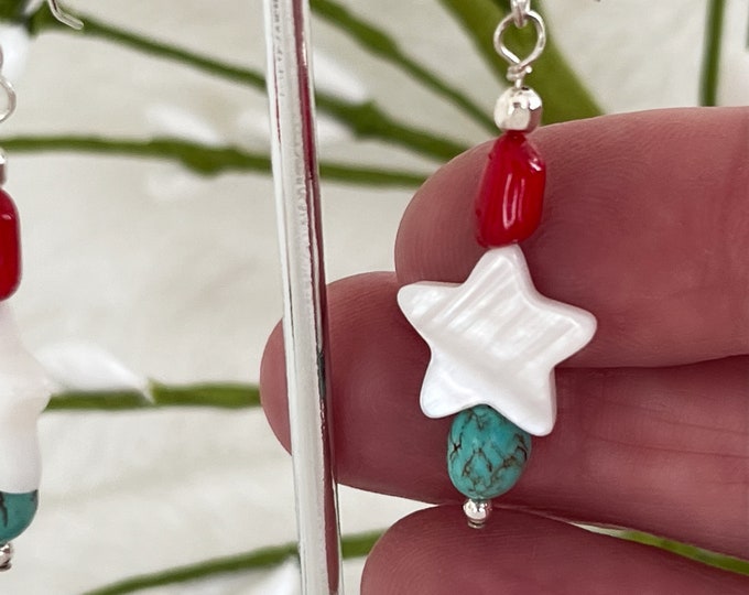 Kingman Turquoise Nugget Sterling Silver Earrings, MOP Star and Red Coral // Red, White & Blue Gems Fireworks Earrings #1728
