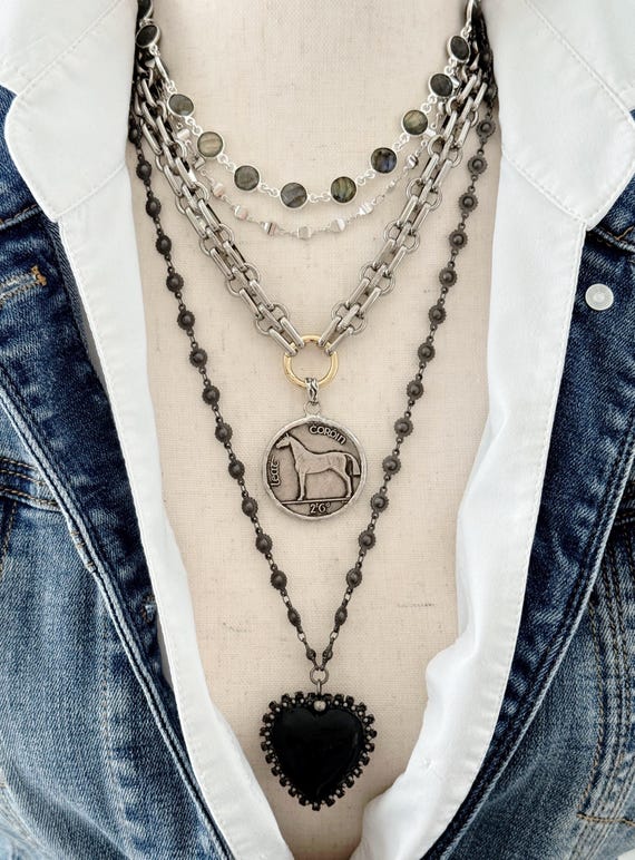 Irish Horse Coin Layered Necklace Set, Labradorite Gemstone Necklace, Black Obsidian Heart, Mixed Metal 3 Piece Necklace, 2083,2084,2085