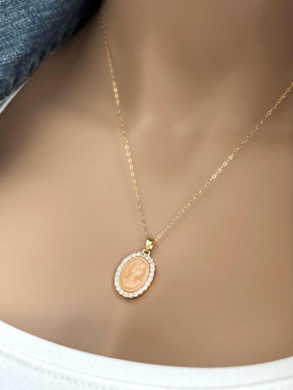 Gold Filled Cameo Necklace, 14k Gold Filled Chain, Zircon Halo Cameo, Vintage Inspired Jewelry, Romantic Heirloom Style Gift for Her #1214