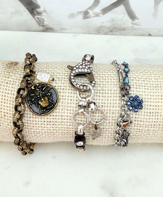 Vintage Inspired Mixed Metal Bracelet Stack, Medusa Medallion Bracelet, Vintage Crystal, Turquoise Zircon Boho Jewelry, #2080, #2081, #2082