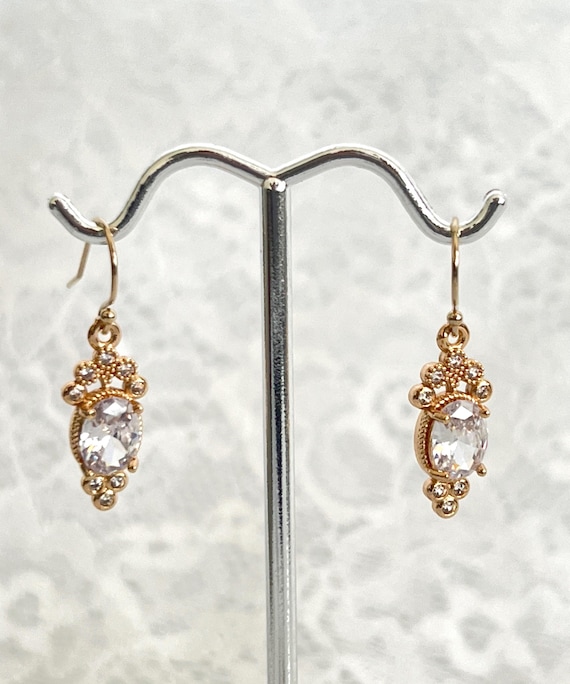 Regency Era Inspired Earrings: Gold Zircon Dangles, Sapphire Blue, Emerald Green, Royal Earrings #1694