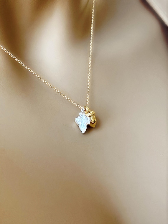 Tiny Acorn 14k Gold Filled Necklace, Mixed Metal Layering Necklace, Royal Family Jewelry, #771