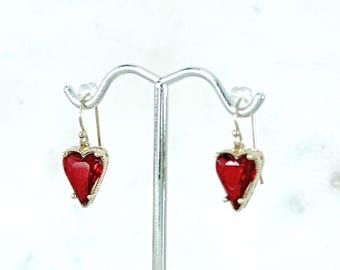 Red Faceted Heart Charms on 14k Gold Filled Earrings, Red Heart Danglers, Pink Crystal Hearts too, Small Heart Earrings, Victorian #1841
