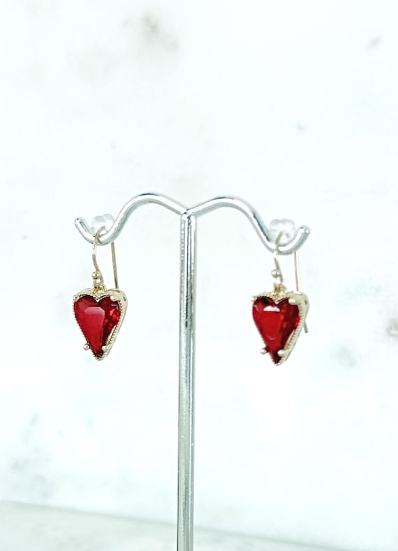 Red Faceted Heart Earrings: 14k Gold Filled Dangles, Victorian Mini Hearts, #1841