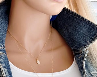 Layered Hamsa & Cross Necklace Set, 14k Gold Filled Chains, Gold Plated Zircon Charms, Faith Jewelry, Protection Necklace,  #2013