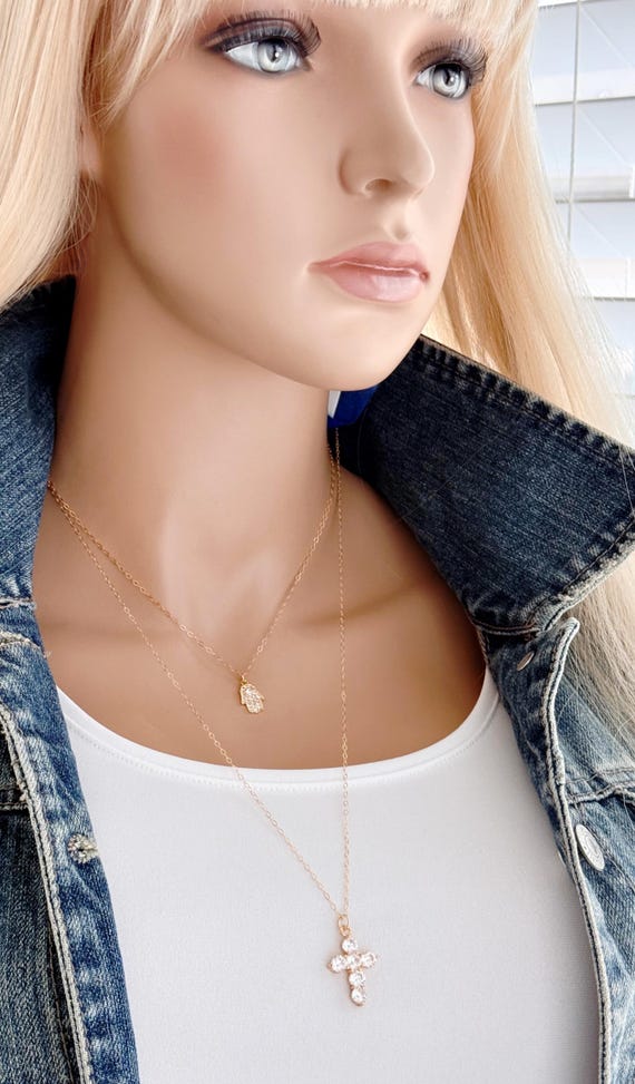 Layered Hamsa & Cross Necklace Set, 14k Gold Filled Chains, Gold Plated Zircon Charms, Faith Jewelry, Protection Necklace,  #2013