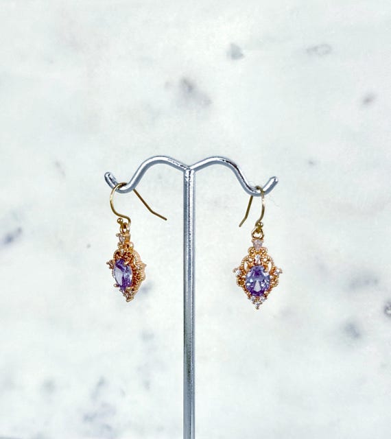 Violet Regency Earrings: 14k Gold Filled Vintage Style Drop Earrings, Choice Violet or Pink, Bridgerton Style,