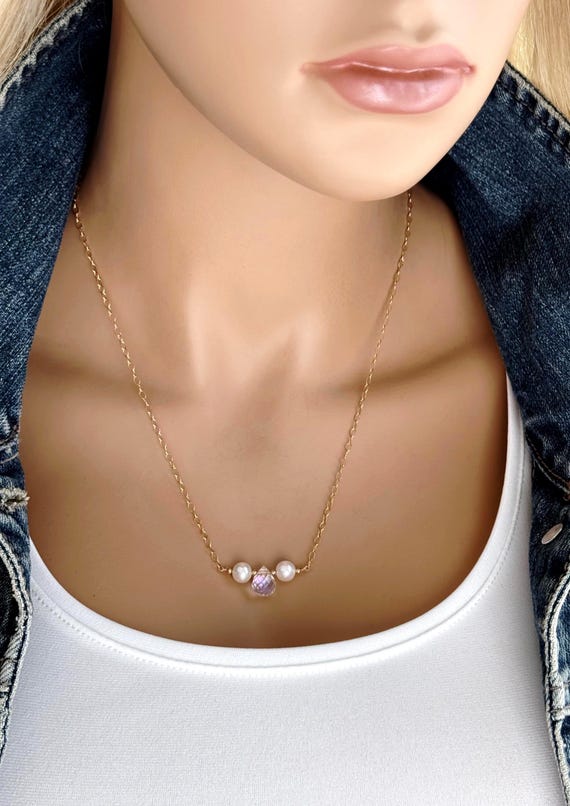 Aura Quartz Pearl Necklace: Sterling Silver or 14k Gold Filled Dainty Crystal