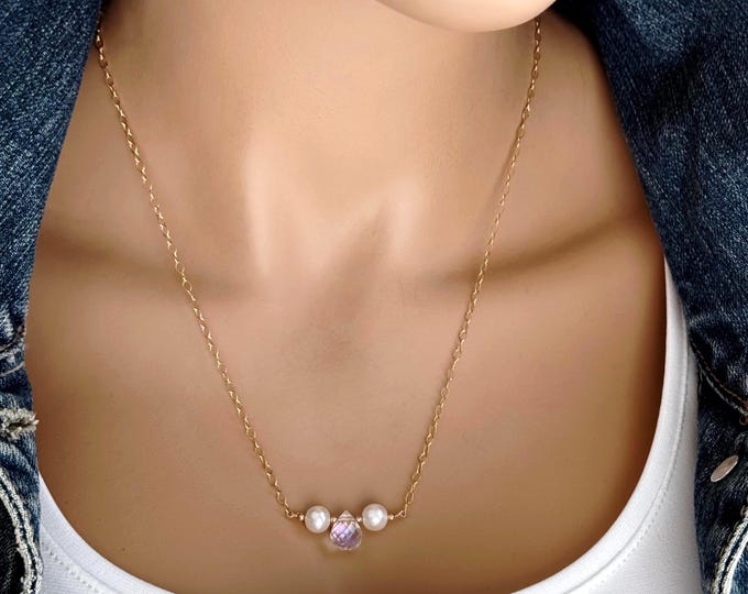 Aura Quartz Pearl Necklace: Sterling Silver or 14k Gold Filled, Dainty Aura Candy Kiss, #1889
