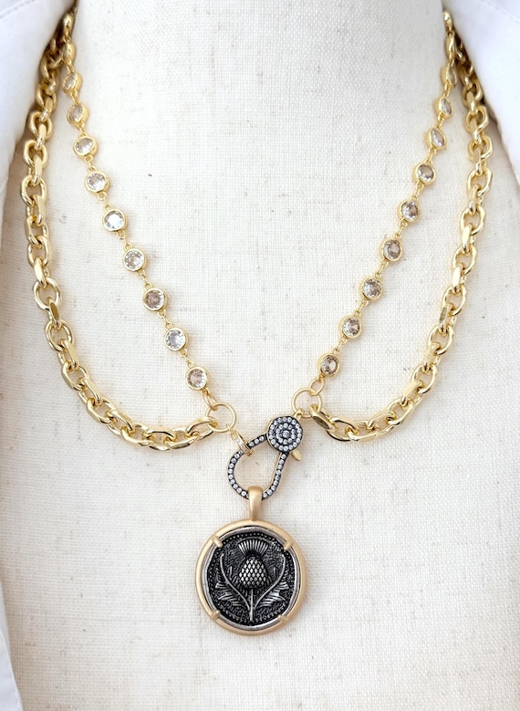Chunky 2 Strand Gold Necklace, Zircon Crystal Chain, Textured Oval Link Chain, Large CZ Charm Holder Clasp, Thistle, Layered Necklace, #2091