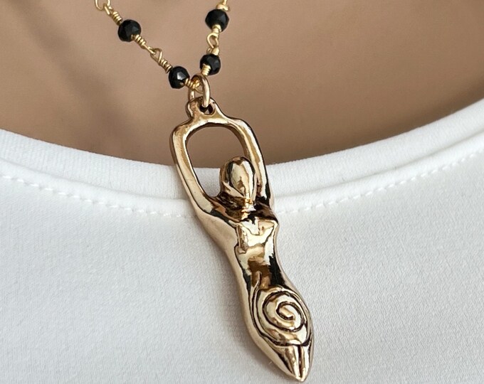 Fertility Goddess, Gold Goddess Rosary Necklace, Black Spinel and Gold Pyrite Chain, Sacred Spiral of Growth, Evolution & Energy, #1773