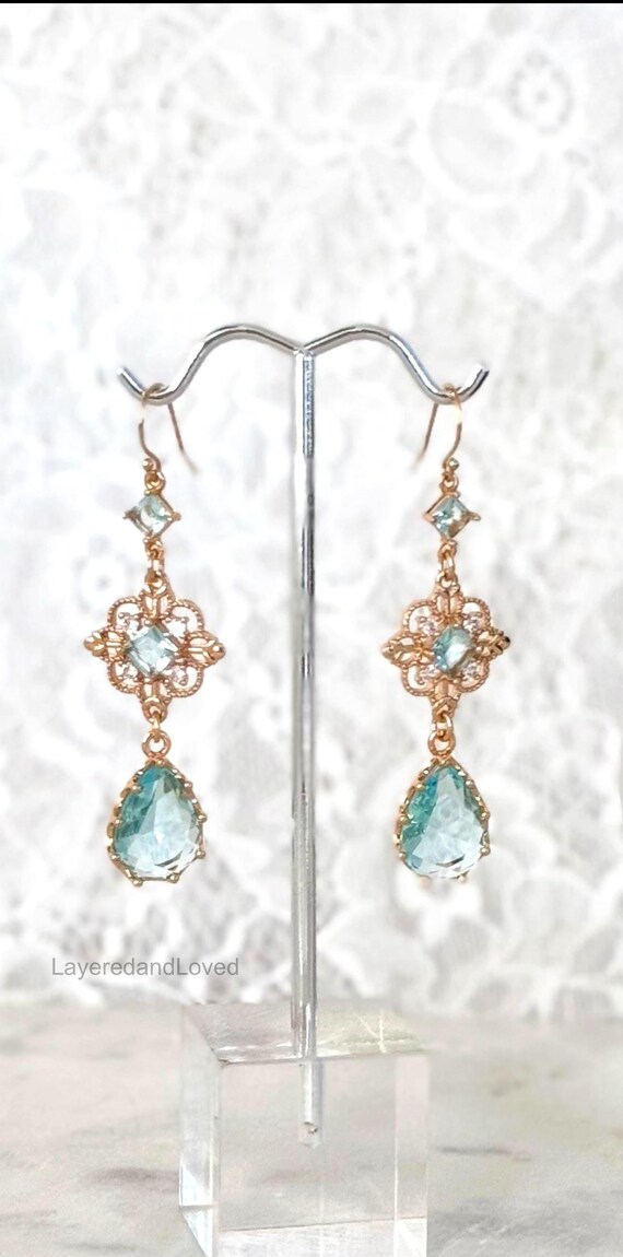 Lake Blue Faceted Stone Earrings, 14k Gold Filled Bridal Chandeliers, Victorian Teardrops, Regency Regal Blue Earrings #1812