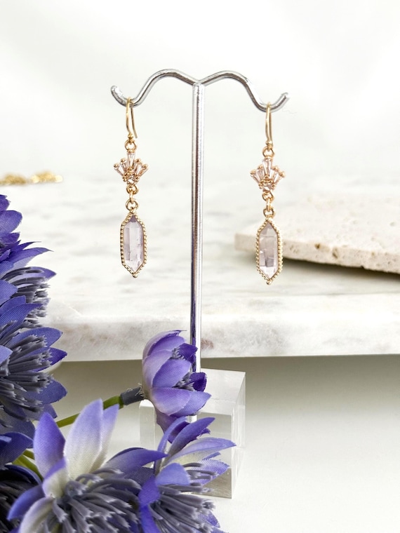 14k Gold Filled Amethyst Crystal Earrings: Crystal Points, Zircon Charms, Dainty Art Deco Bridgerton Style Earrings, #1843