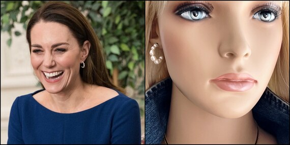 Kate Middleton Inspired Mini Pearl Hoop Earrings, High Quality Graduated Rice Pearls, Sterling Silver Hoops, Royal Replicas, #1581