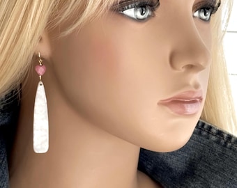 Pink Rhodochrosite Heart & Shell Teardrop Earrings, 14k Gold Filled Chandelier Earrings, Romantic Valentine Gift #1950