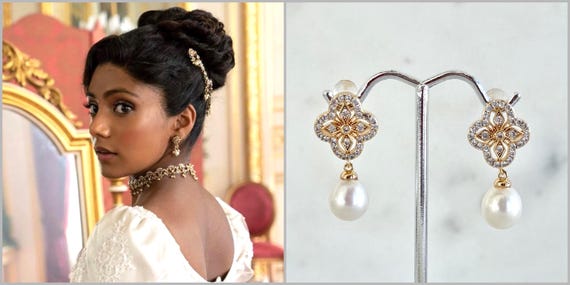 Art Deco Pearl Drop Earrings: Bridgerton Style, Silver or Gold, Regency Era Princess Pearls, #1840