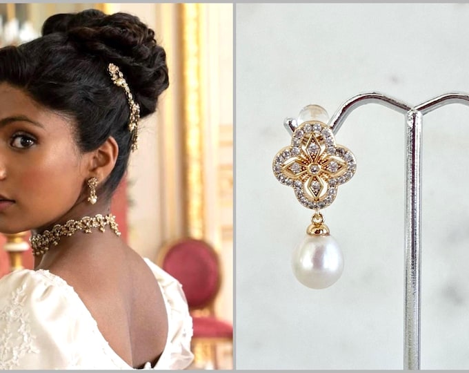 Bridgerton Inspired Art Deco Freshwater Pearl Drop Earrings, Vintage Style Royalty Pearl Earrings, Princess Pearls, Silver or Gold, #1840
