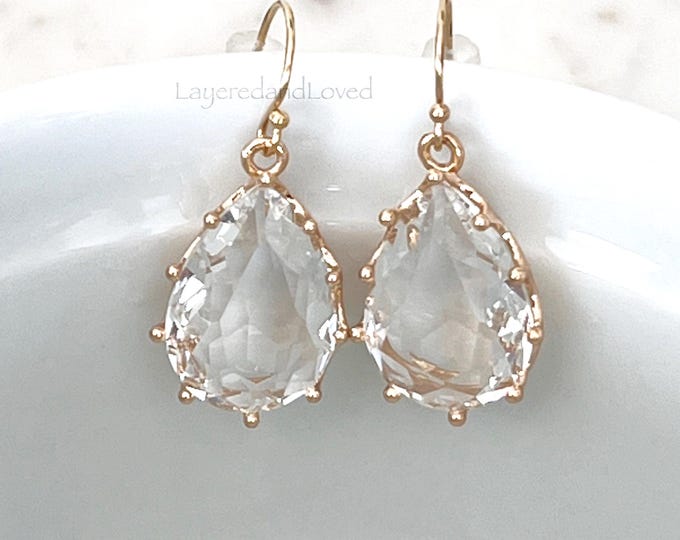 Kate Middleton Inspired Teardrop 14k Gold Filled Earrings, Lightweight Sparkling Dangles, Pink Diamond Royal Earrings #1207