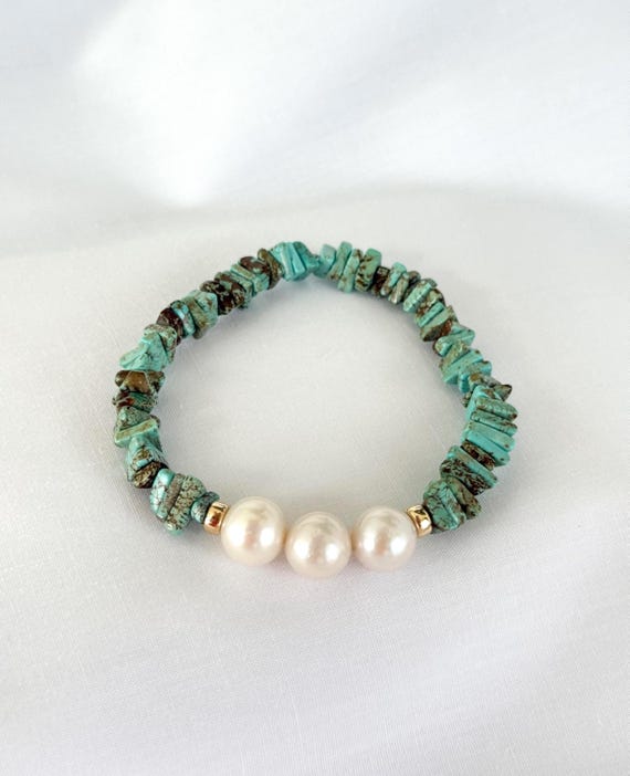 Edison Pearl & Turquoise Bracelet: 14k Gold Filled Boho Jewelry, June Birthstone, Large Pearls, Stretch Bracelet, #1892
