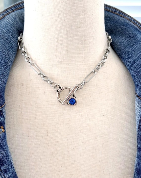 Stainless Steel Paperclip Necklace, Royal Blue Swarovski Crystal Toggle Necklace, 15 Inch Silver Chain, Minimalist Statement Jewelry #2048
