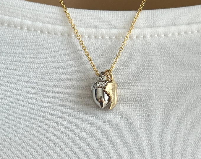 Kate Middleton Rhodium Plated Acorn 14k Gold Filled Necklace, Silver & Gold Mixed Metal Layering Necklace, Royal Family Inspiration #1554