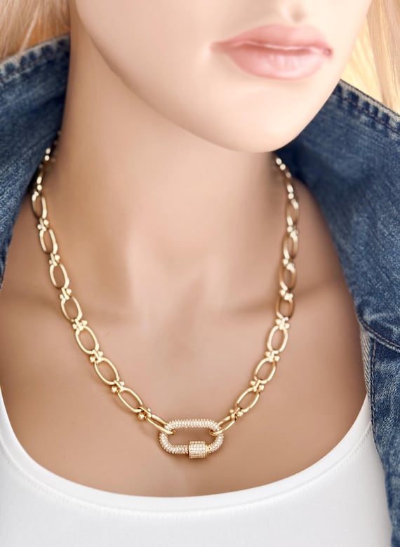Layering Chunky Gold Chain Necklace with Paved Zircon Carabiner Clasp, Large Oval Link Statement Necklace, 20" Length #2008