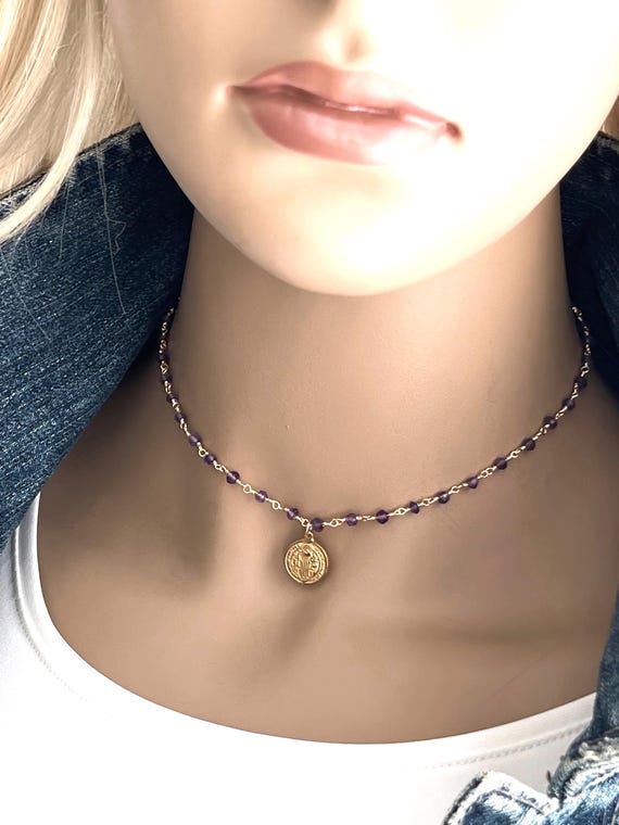 Gold Saint Benedict Rosary Necklace: Gemstone Chain, Spiritual Jewelry, #834