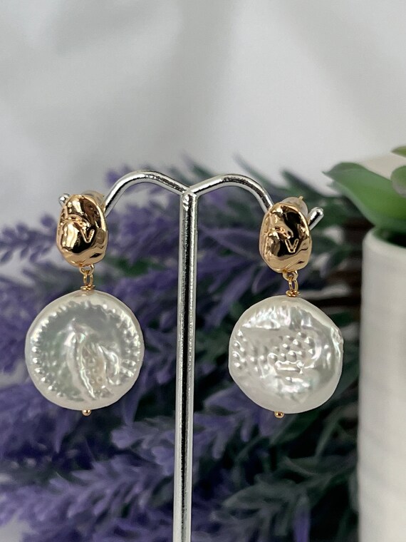 Gold Post Large Coin Pearl Earrings, Gold Nugget Studs, Sterling Silver Pins, Large Coin Pearls, Boho Bride, Beach Earrings #1551