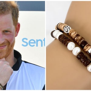 Prince Harry Inspired Coconut Beaded Bracelets, Sterling Silver Rondelles, Freshwater Pearls, Tibetan Silver Focal Bead, Unisex, #1518/#1519