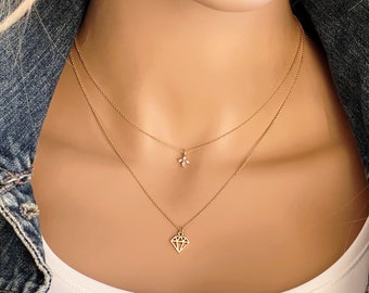 Gold Zircon Minimalist Set, 14k Gold Filled 2 Piece Petite Petal and Gold Diamond Cut Out Charmed Necklaces, Layering Dainty Set, #1666