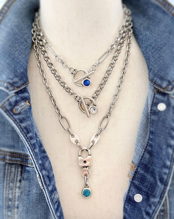 Industrial Chic Stainless Steel Necklaces, OOAK Lock Pendant Swarovski Crystal Necklace, Crystal Toggles, Paperclip & Rolo Chain, 2047/2048