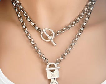 Stainless Steel Rolo Chain Toggle Necklace, Zamak Antique Clasp, Chunky Minimalist Jewelry, Unisex Statement Chain, #2014