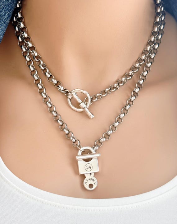 Stainless Steel Rolo Chain Toggle Necklace, Zamak Antique Clasp, Chunky Minimalist Jewelry, Unisex Statement Chain, #2014