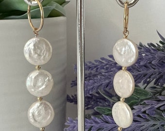 Triple Coin Pearl Hoop Earrings, Lustrous Freshwater Coin Pearls, 14k Gold Filled or Sterling Silver Minimalist Hoops, Dainty Pearls, #1602