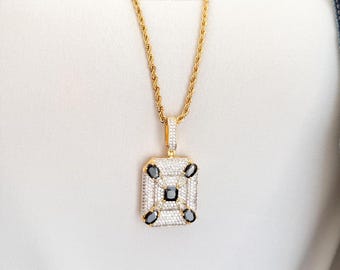 Gold Black Zircon Pendant Necklace, Iced Out Square Statement Necklace, 30" Rope Chain, Bold Medallion, Vault Limited Release, #2019