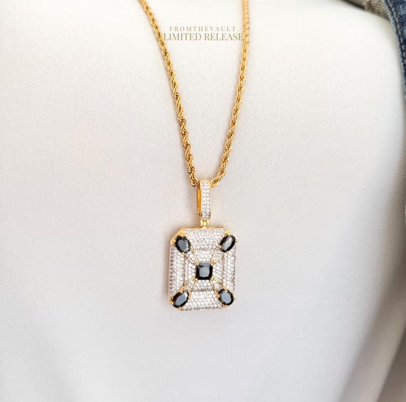 Gold Black Zircon Pendant Necklace, Iced Out Square Statement Necklace, 30" Rope Chain, Bold Medallion, Vault Limited Release, #2019