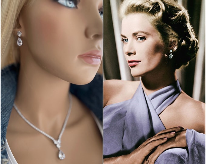 Grace Kelly Inspired Teardrop Diamond Post Earrings & Tennis Chain Necklace, Silver AAA CZ Drop Earrings, CZ Teardrop Necklace #1492/#1493