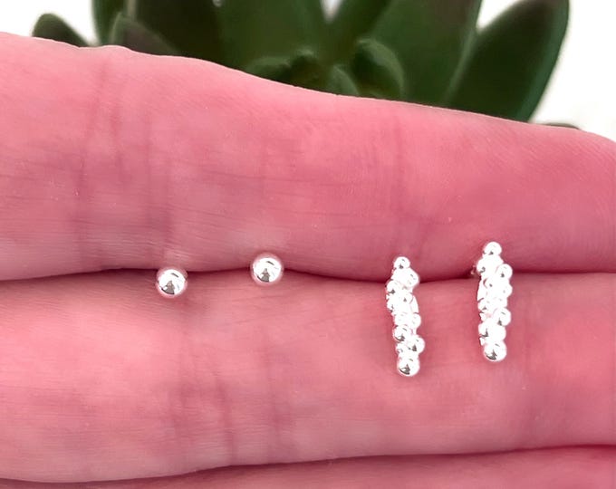 Two Pair of Sterling Silver Post Earrings, 1 Set 3mm Ball Studs, the other Set is Sterling Silver Bubbles. Ear Lobe Layering Posts #1772