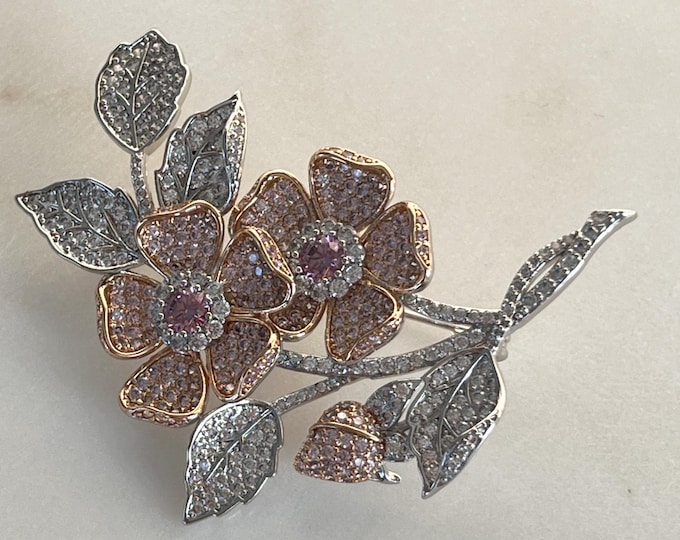 Double Rose Brooch, Queen Elizabeth Wild Rose Replica, Rhodium & Rose Gold High Quality Zircon Brooch, Floral Brooch, #1745