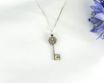 Saint Joseph & Andre Bessette Sterling Silver Key Necklace, Shiny Long Silver Curb Chain, #1901