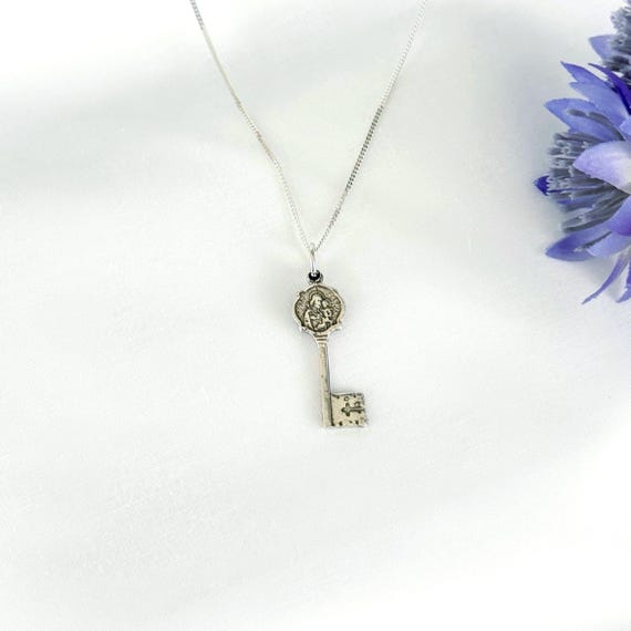 Saint Joseph & Andre Bessette Sterling Silver Key Necklace, Shiny Long Silver Curb Chain, #1901