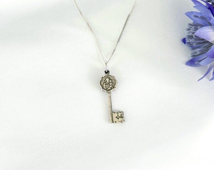 Saint Joseph & Andre Bessette Sterling Silver Key Necklace, Shiny Long Silver Curb Chain, #1901