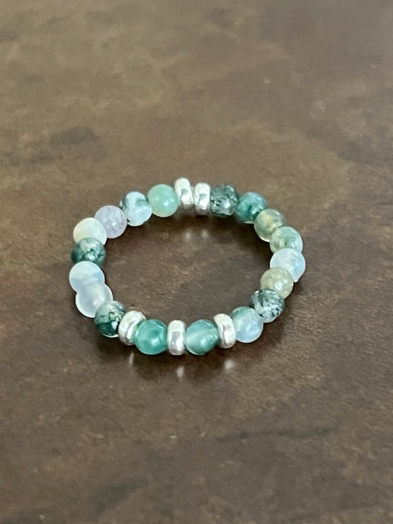 Silver Leaf Jasper & Sterling Silver Rondelle Beaded Stretch Ring, Green Lined Beads, Layered Rings Set, Finger Rings, #1298/#1240/#1241