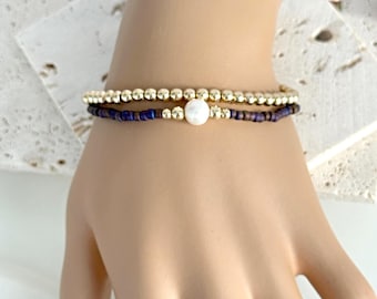 Freshwater Pearl & 14k Gold Filled Beads Bracelet Set, 4mm Gold Beads, Bronze Seed Beads, Moroccan Style African Bracelets, Bohemian #1881