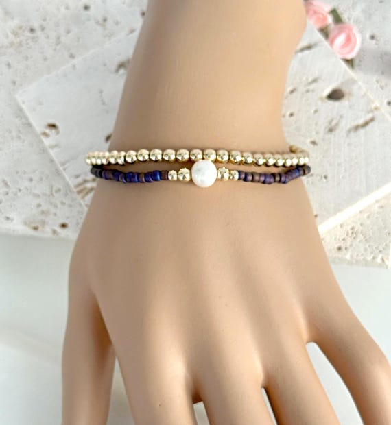 14k Gold Filled Freshwater Pearl Bracelet Set: Purple Iris Seed Beads, Moroccan Style Bohemian Bracelets #1881