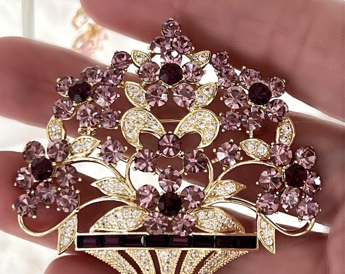 Gold Floral Basket Brooch, Brilliant Sparkles of Pink, Clear and Burgundy, Rhinestones & Zircons, Queen Inspired  #1823