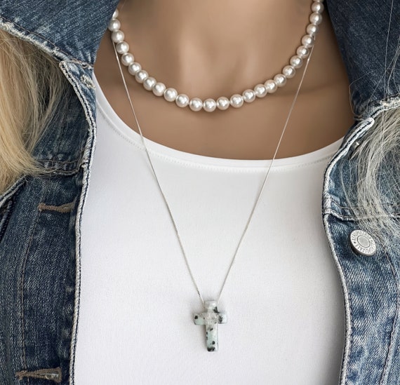 Sterling Silver Gemstone Cross Necklace, Sterling Silver Curb Chain, Cross Choice; Epidote, Green Aventurine or Jasper#1691