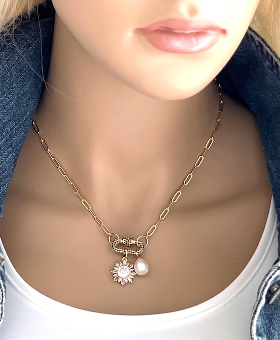 14k Gold Filled Paperclip Chain Carabiner Necklace: Freshwater Pearl & Zircon Flower Charm, #1753